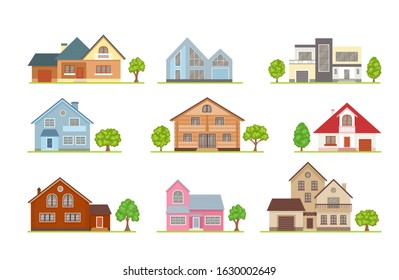 Set of houses in different architectural styles isolated on white background. Modern cottages front view. Vector illustration in simple flat style. Icons.