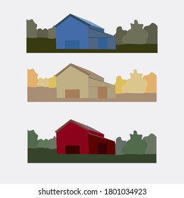 set of houses of different colors. for the design of the border on the sai, at the bottom of the page. frame. house on a white background. village, village, barn, American house. blue, red