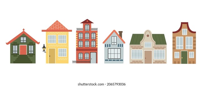 Set of houses with different design exterior in flat style vector illustration