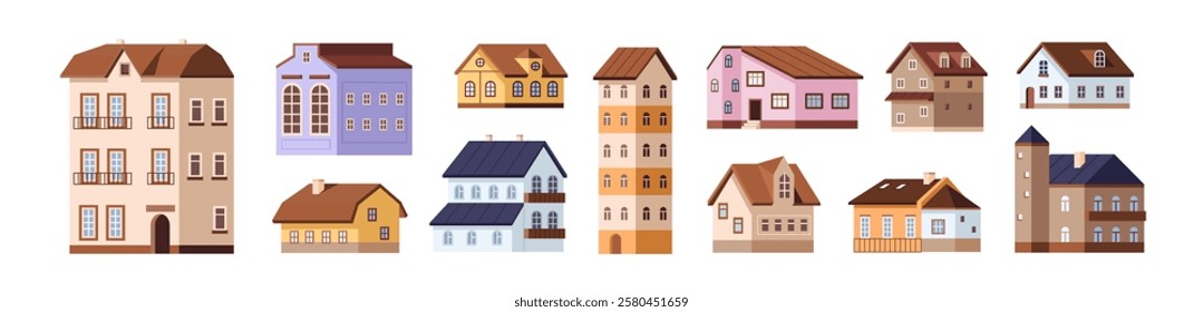 Set of houses. Different residential buildings. Facades of suburban cottages, bungalows, mansions, lodges. Architecture of suburb, village. Flat isolated vector illustrations on white background