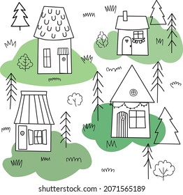 A set of houses of different shapes.Illustration of village life.Children's lustration.Black and white houses in the forest