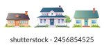 Set of houses different styles and designs. Front view. Сozy cottages with green lawns. Spring atmosphere. Isolated on white background. Flat cartoon vector illustration