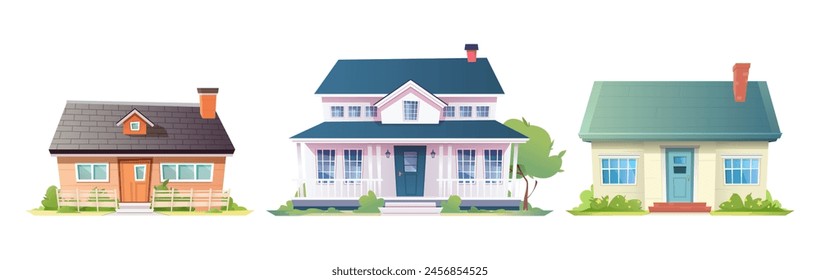 Set of houses different styles and designs. Front view. Сozy cottages with green lawns. Spring atmosphere. Isolated on white background. Flat cartoon vector illustration