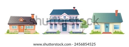 Set of houses different styles and designs. Front view. Сozy cottages with green lawns. Spring atmosphere. Isolated on white background. Flat cartoon vector illustration