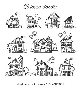 Set of houses in doodle style. Vector illustration.