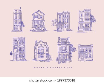 Set of houses drawing in old fashioned vintage style with blue lines blue lines