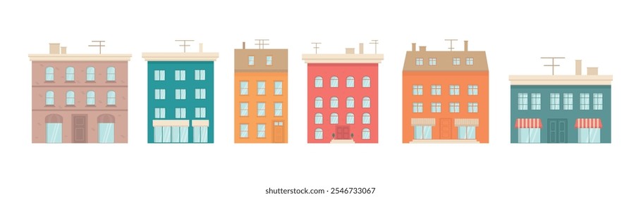 Set with houses exteriors front view with roof, doors and windows. Townhouse building apartment, residential town buildings architecture. Vector illustrations isolated on white background. EPS10