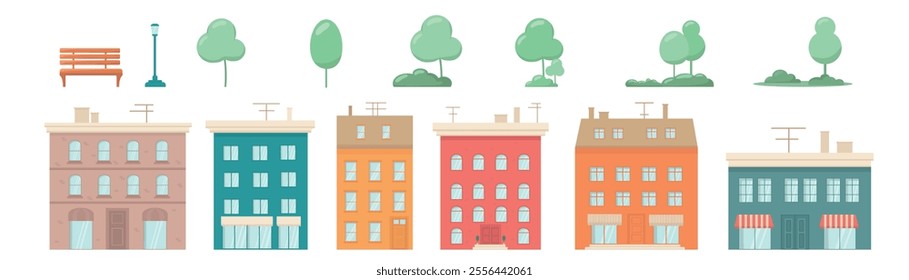 Set with houses exteriors front view with roof, doors and windows, tree. Townhouse building apartment, residential town buildings architecture. Vector illustrations isolated on white background. EPS10