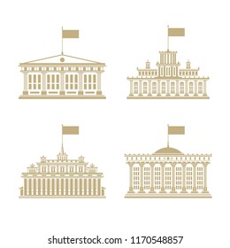 Set of Houses with a Flag on the Roof, Bank or Court, Government Building, Financial Institution, Vector Illustration