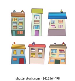 Set of houses front view. Collection of icons of urban and suburban house, town house, and cottage. Isolated vector illustration