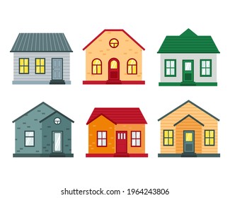 Set of houses front view. Collection icons of urban and suburban house. flat vector illustration