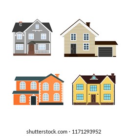 Set of houses front view in flat style isolated on white background. Collection of icons of  suburban house, town house, and cottage.  Vector illustration.