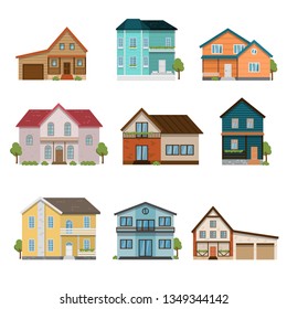 Set of houses front view icons isolated on white background