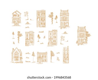 Set of houses and garden trees drawing in old fashioned vintage style. Mix your own composition.