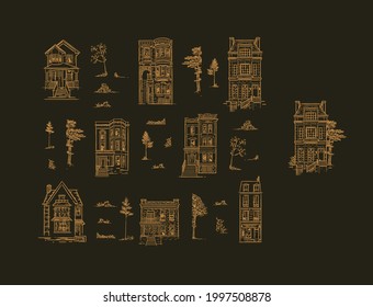 Set of houses and garden trees drawing in old fashioned vintage style ob brown background. Mix your own composition.