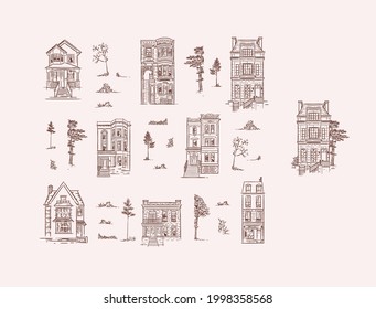Set of houses and garden trees drawing in old fashioned vintage style wirh brown lines. Mix your own composition.