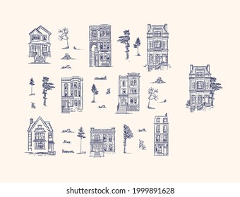 Set of houses and garden trees drawing in old fashioned vintage style with dark blue lines. Mix your own composition.