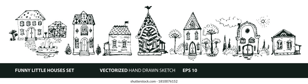 Set of Houses in hand drawn doodle style. Street with different types of houses - cottage, mansion, 
hut, cabin, chalet. Vector illustration with white isolated background.