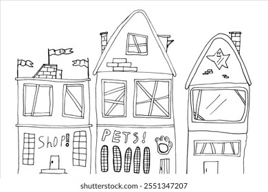 Set of houses. Hand drawn vector illustration in doodle style. Cartoon housing, funny buildings, sheds. Black and white children's drawings.