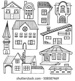 Set of houses. Hand drawn vector illustration. Collection of buildings in doodle style isolated on white background.