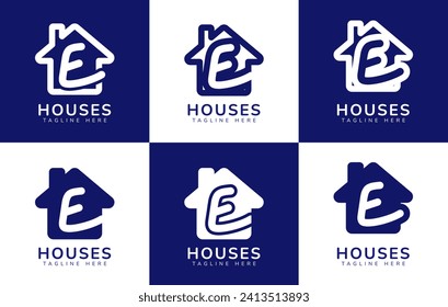 Set of houses home logo with letter E. This logo combines letters and house or home. Perfect for housing business, real estate, mortgage, house rental, house buying and selling.