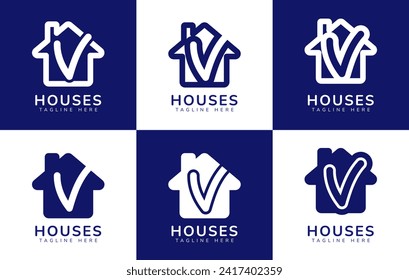 Set of houses home logo with letter V. This logo combines letters and house or home. Perfect for housing business, real estate, mortgage, house rental, house buying and selling.