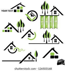 Set of houses icons for real estate business on white background. With natural elements