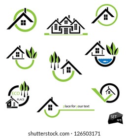 Set of houses icons for real estate business on white background. With natural elements