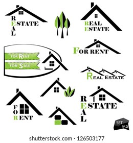 Set of houses icons for real estate business on white background. With natural elements