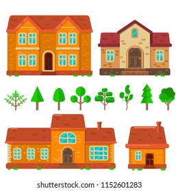 Set of houses illustrations in flat style. Design element for poster, banner , flyer, motion design, web page. Vector image