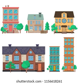 Set of houses illustrations in flat style. Design element for poster, banner , flyer, motion design, web page. Vector image