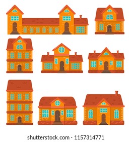 Set of houses illustrations in flat style. Design element for poster, banner , flyer, motion design, web page. Vector image