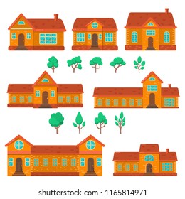 Set of houses illustrations in flat style. Design element for poster, banner , flyer, motion design, web page. Vector image