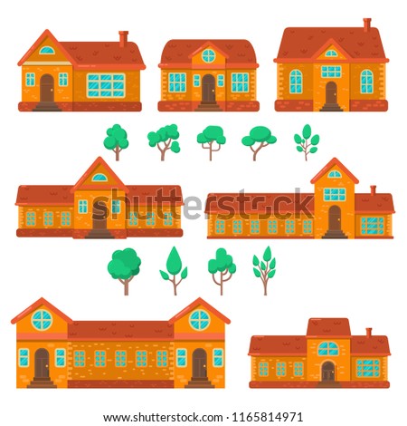 Set of houses illustrations in flat style. Design element for poster, banner , flyer, motion design, web page. Vector image
