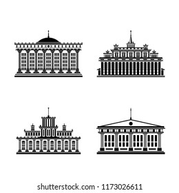 Set of Houses Isolated on White, Bank or Court, Government Building, Financial Institution, Vector Illustration