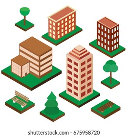 A set of houses in an isometric projection. Vector 3D model of buildings. The isolated picture on a white background