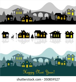 Set of houses at night in different colors
