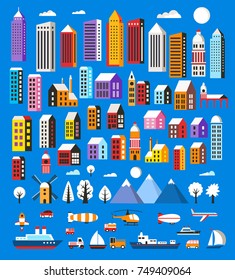 Set of houses and objects Christmas winter landscape flat city xmas backdrop urban building for holiday and design