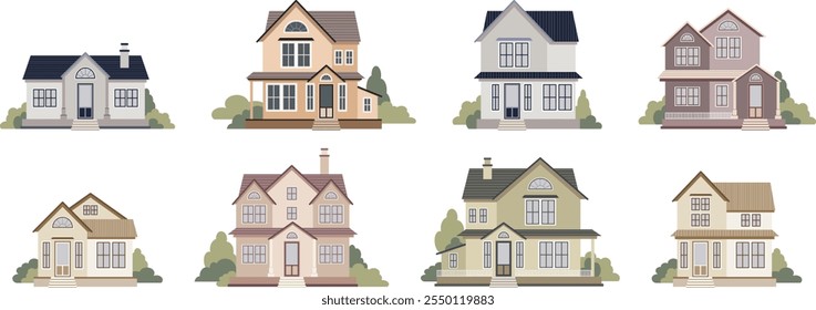 Conjunto de casas em fundo branco isolado para uso em mapas de mídia ou da comunidade. Casas e casas exteriores. Ilustração de vetor plana desenhada à mão