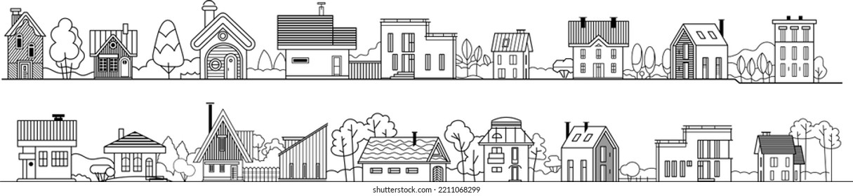 Set of houses. Outline style. Buildings and Architecture. Street view facade. Game template. Background vector illustration.