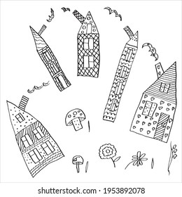 eine Reihe von Häusern mit Mustern im Stil der Doodle. Vektorgrafik. Cartoon, kann in Ihren Projekten in Bannern und Plakaten verwendet werden. Farbseiten
