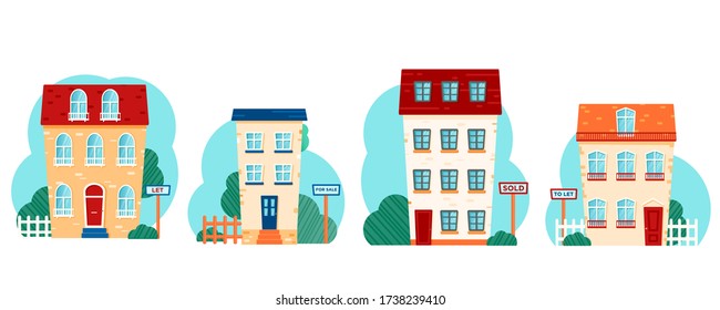 A Set Of Houses For Sale, Sold, To Let, Let. Flat Illustration Isolated On White Background.