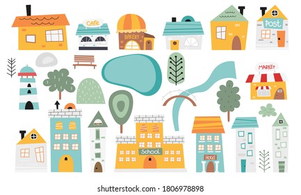 Set of houses in scandinavian style. Template for use in kids goods design – fabric, nursery art, packaging. Vector illustration isolated on white background. Building, trees, river for map creator.