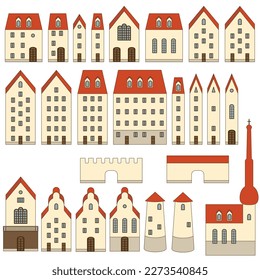 Set of houses and towers of an ancient European city, isolated objects on a white background