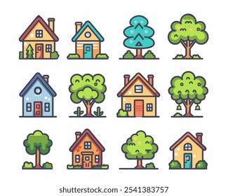 Set of houses with trees in front of them. The houses are of different colors and sizes