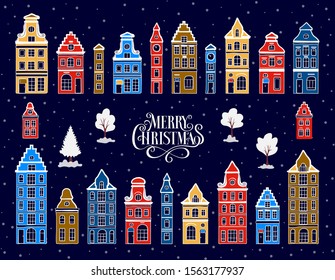 Set of houses and trees. Text – Merry Christmas. Urban landscape. City. Old european town. Cityscape. Сolorful architecture. Christmas cartoon buildings for greeting card, background, poster, postcard