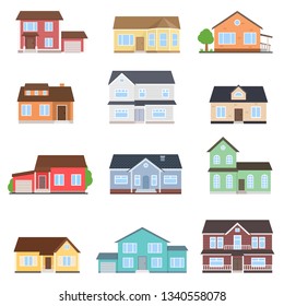 Set of houses. Urban and suburban, cottage, town house. Exterior, front view. Isolated vector illustration