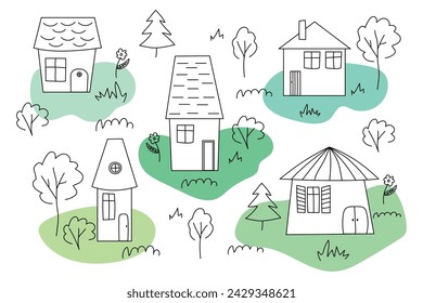 A set of houses of various shapes. Illustration of village houses. Children's lustration. Black and white houses and trees. Vector.