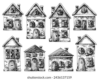 Set of houses vector sketch. Hand drawn illustration with painted by black inks on isolated background. Engraving village and city building. Monochrome drawing in line art style
