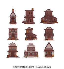 Set of houses for western town isolated on white background. Building design - wild west. Vector illustration.